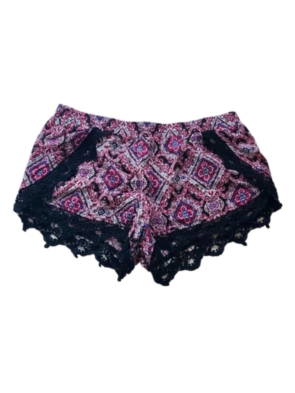 Y2K Full Tilt Shorts Bohemian Purple Print Black Lace Trim Elastic Short M